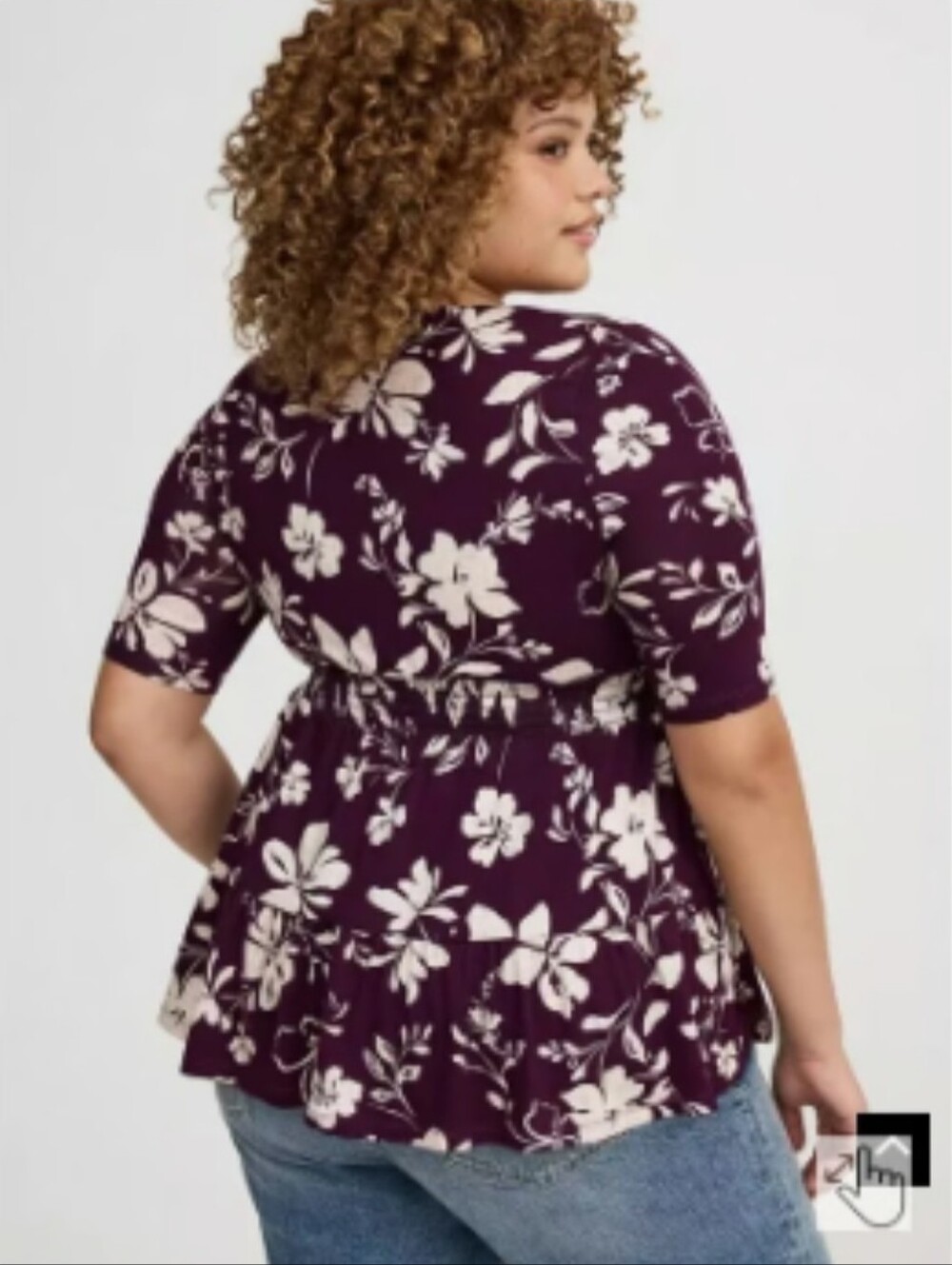 Torrid Tie Front Short Sleeve Babydoll Peplum Top- Plum Floral 1X - Picture 4 of 10